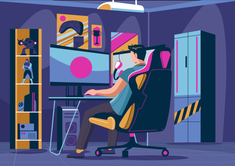 Illustration of a man sitting at a desk streaming video games (thumbnail)
