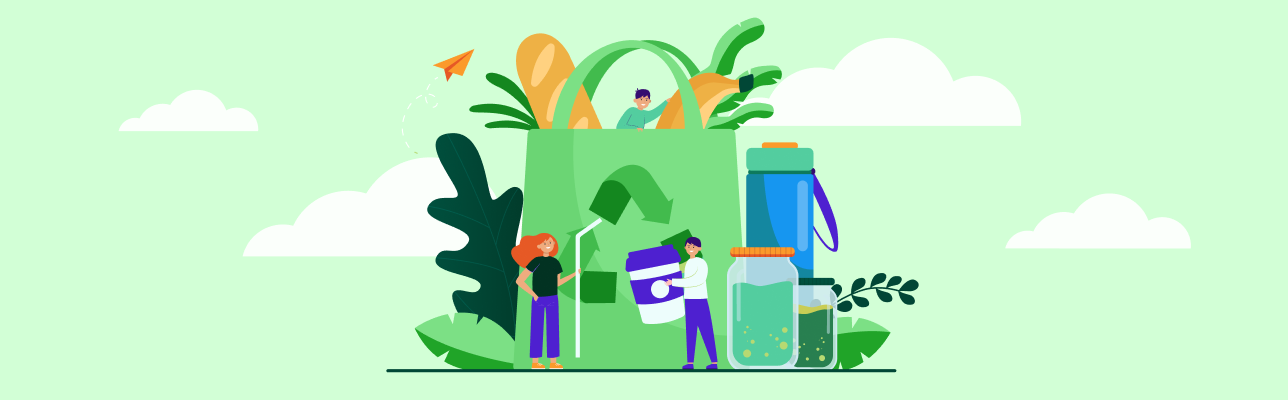 Illustration o Sustainable Audiences with a recycling bag surrounded by leaves (Cover Image)