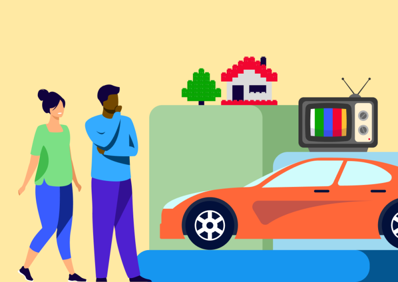 Illustration of two people looking at a car, tv, and Lego house [Thumbnail]