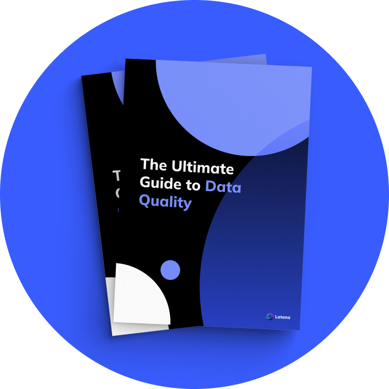 Rounded Illustration - pile of books with title the ultimate guide to data quality