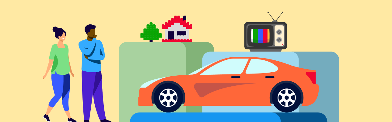 Illustration of two people looking at a car, tv, and Lego house [Cover Image]