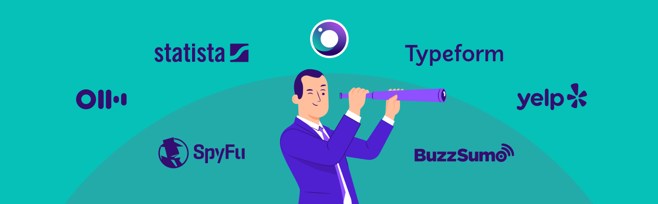 Image showing man looking through telescope at market research brand logos