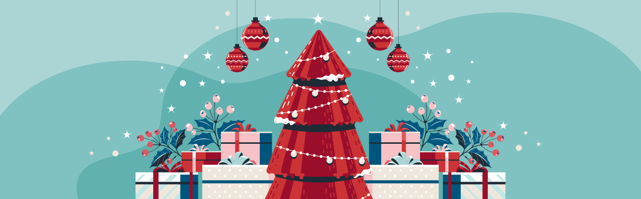 Illustration of a Christmas tree and gifts [Cover Image]
