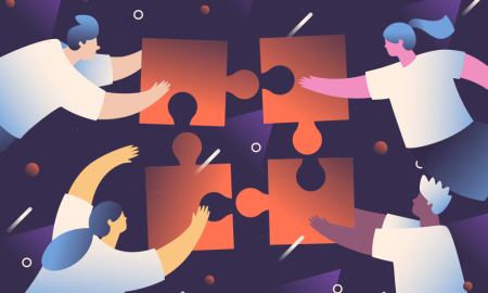 Illustration of four people holding large puzzle pieces (Thumbnail)