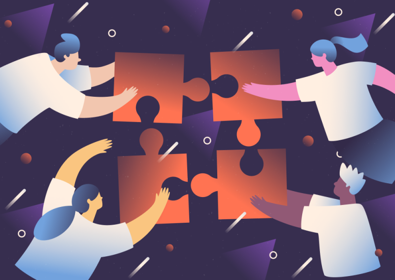 Illustration of four people holding large puzzle pieces (Thumbnail)