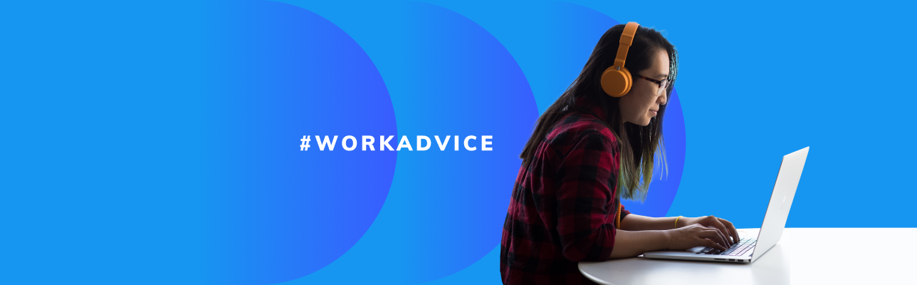 Woman with laptop and #WorkAdvice (Cover Image)