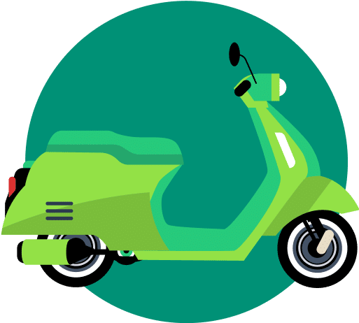 Green rounded illustration with a moped