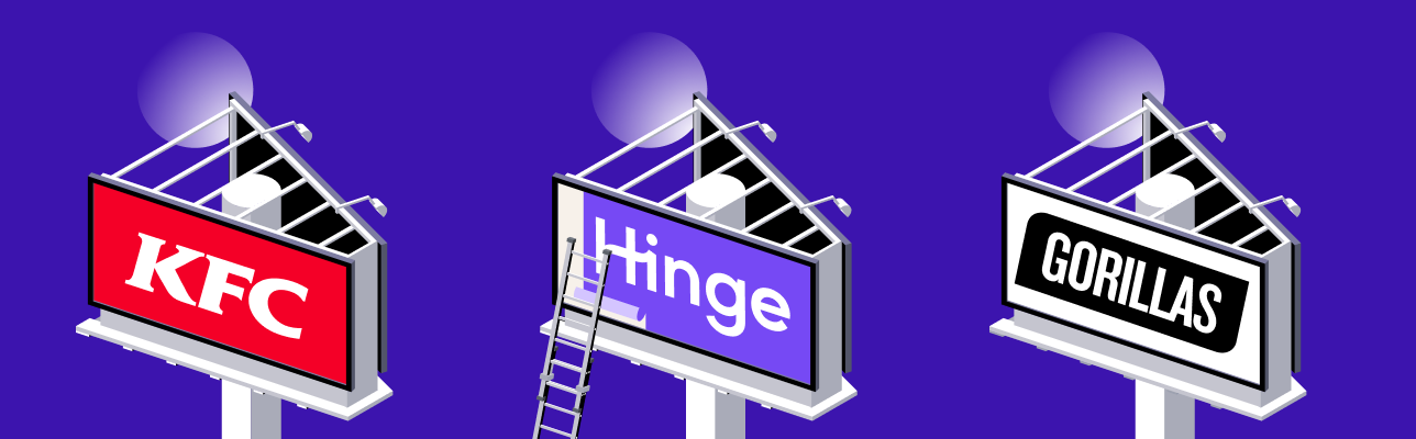 Illustration of three billboards with brand names (cover image)