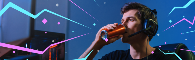 Image of a man with headphone drinking a soda