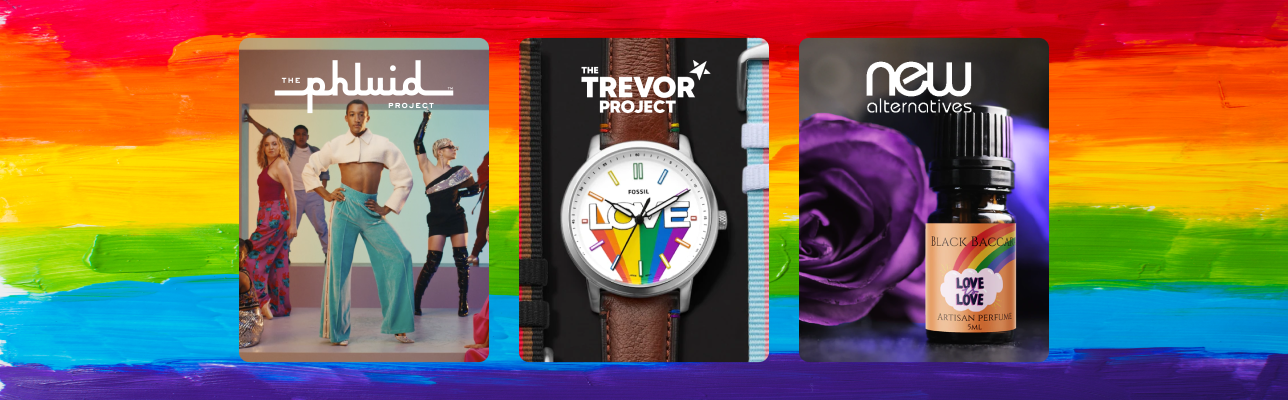 Rainbow background with three images from brands (cover image)