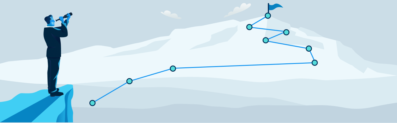 Illustration of a man on a cliff with a telescope (cover image)