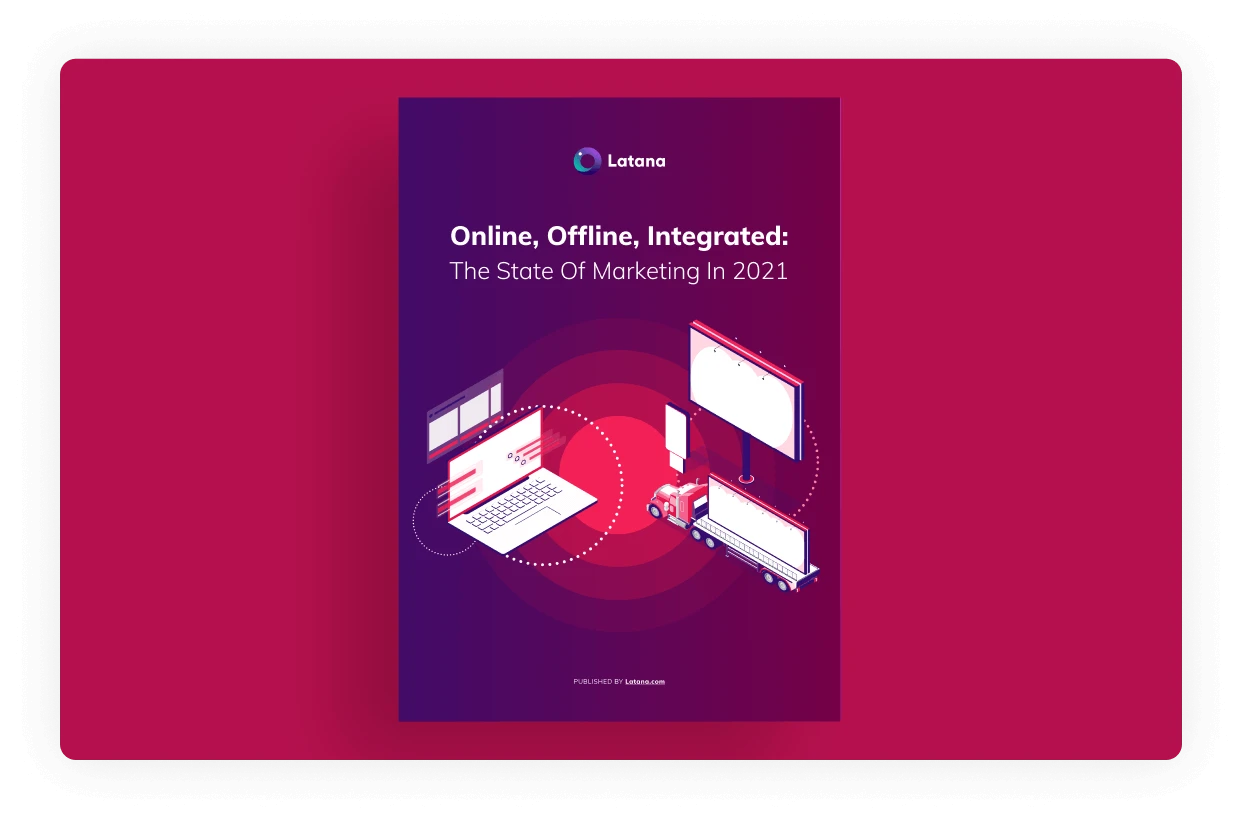 A red book with title of Online, Offline, Integrated: The State Of Marketing in 2021 on a red background