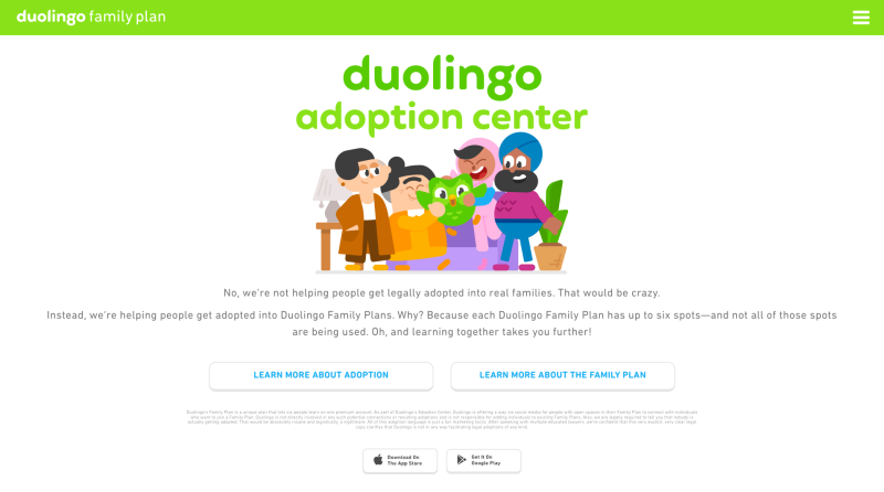 Screenshot of Duolingo Adoption Center Website