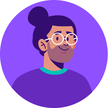 Round framed illustration of a man with glasses on a purple background