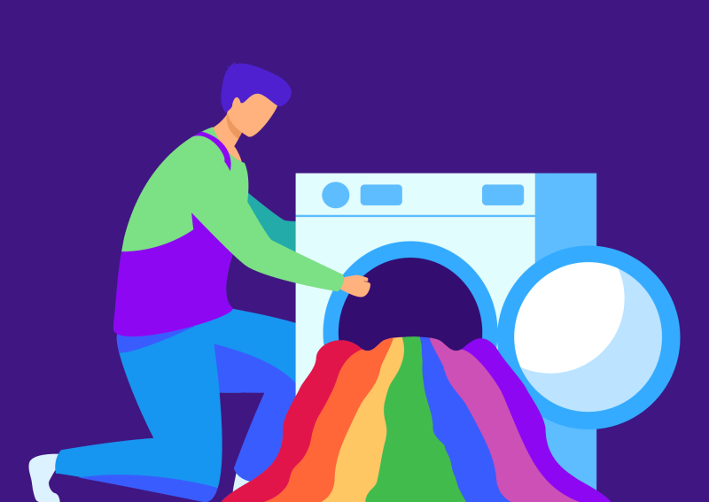 Illustration of a man kneeling next to a washing machine with rainbow spilling out (Hero Image)