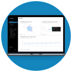 Round framed illustration with graphs on purple background