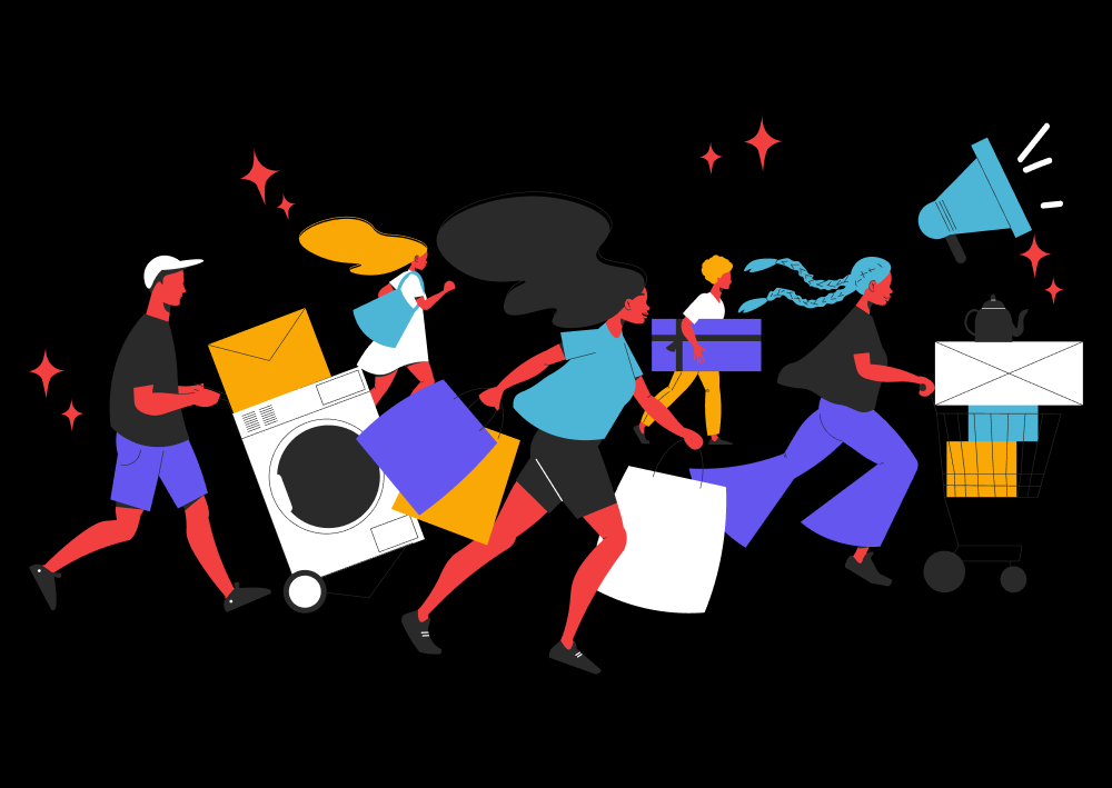 Illustration of a black Friday rush for sales products