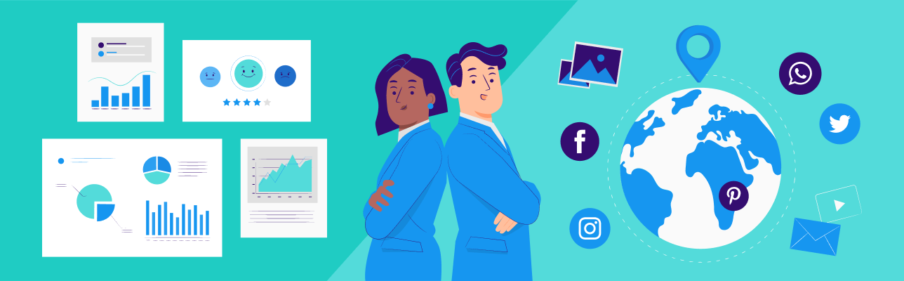 Illustration of two people back to back surrounded by a globe and charts (Cover Image)