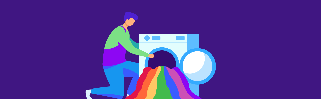 Illustration of a man kneeling next to a washing machine with rainbow spilling out (Cover Image)