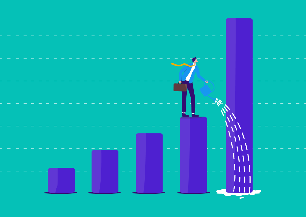 Illustration of a man standing on a graph and watering it (Thumbnail)