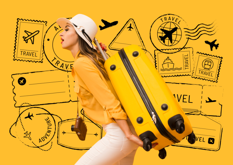 Woman carrying a suitcase on a yellow background [Thumbnail]