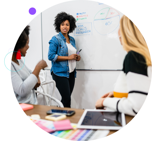 Manager woman presenting in front of whiteboard