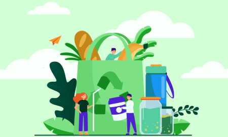 Illustration o Sustainable Audiences with a recycling bag surrounded by leaves (Thumbnail)