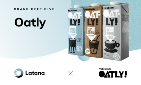 Oatly and Latana logos on a blue background with a picture of Oatly cartons (Thumbnail)