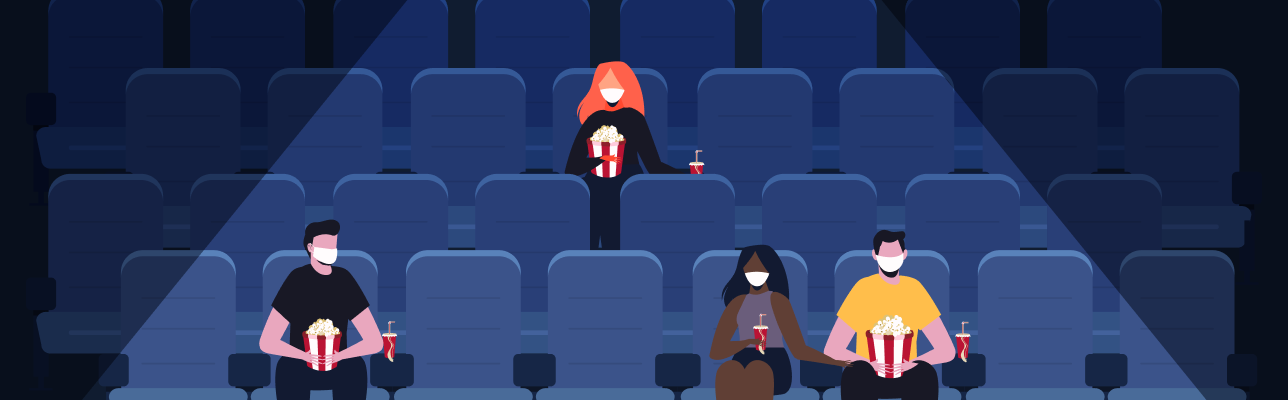 Illustration of people in a cinema with masks on (Cover Image)