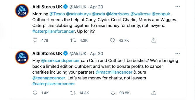 Aldi Tweet about Caterpillars for Cancer
