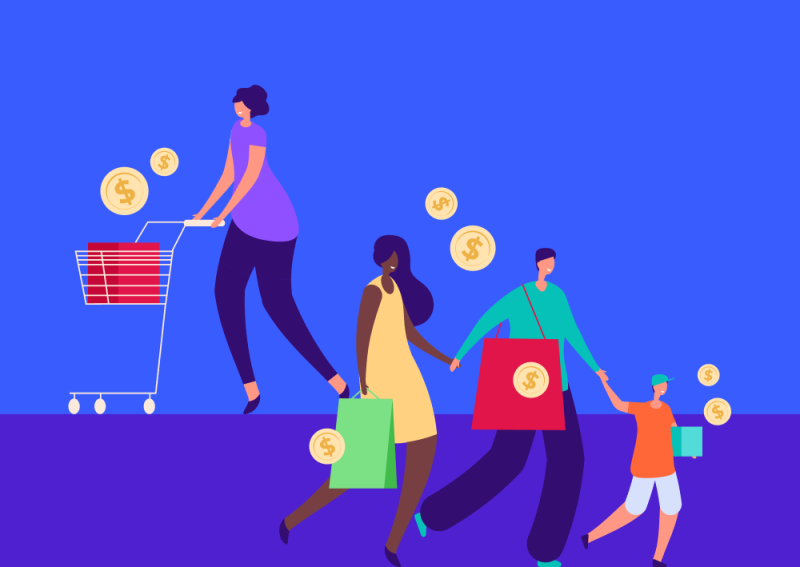 Illustration of four people shopping with coins floating (Thumbnail)
