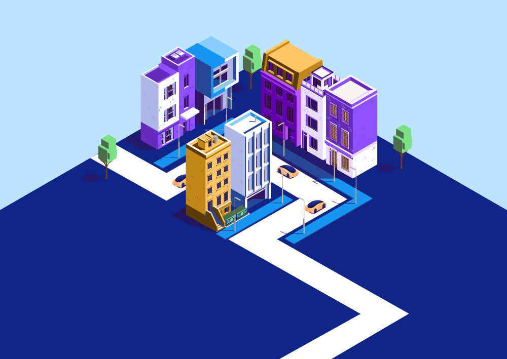 Illustration of city buildings and a street (thumbnail)