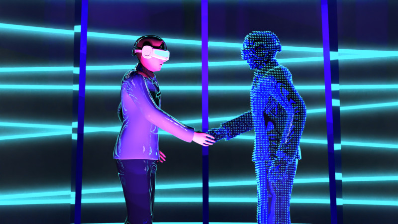 Image of two figures shaking hands in the metaverse