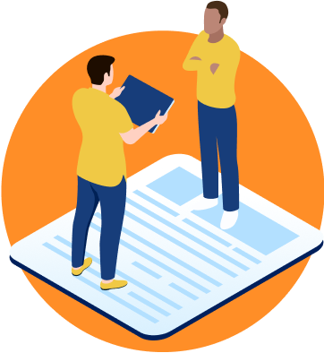Rounded illustration in orange background with a tablet display and two men stepping on it