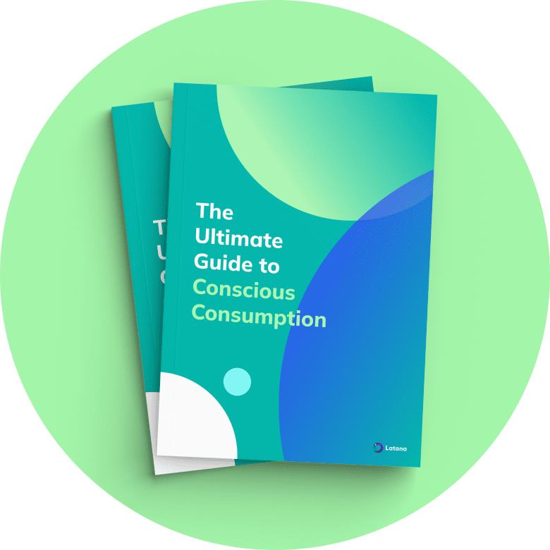 A piled of books with title the ultimate guide to conscious consumption in rounded background
