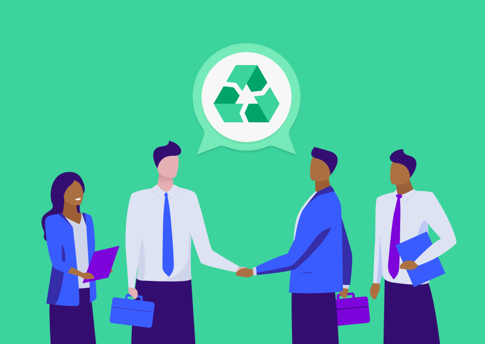 Illustration of four people and a recycling sign (Thumbnail)