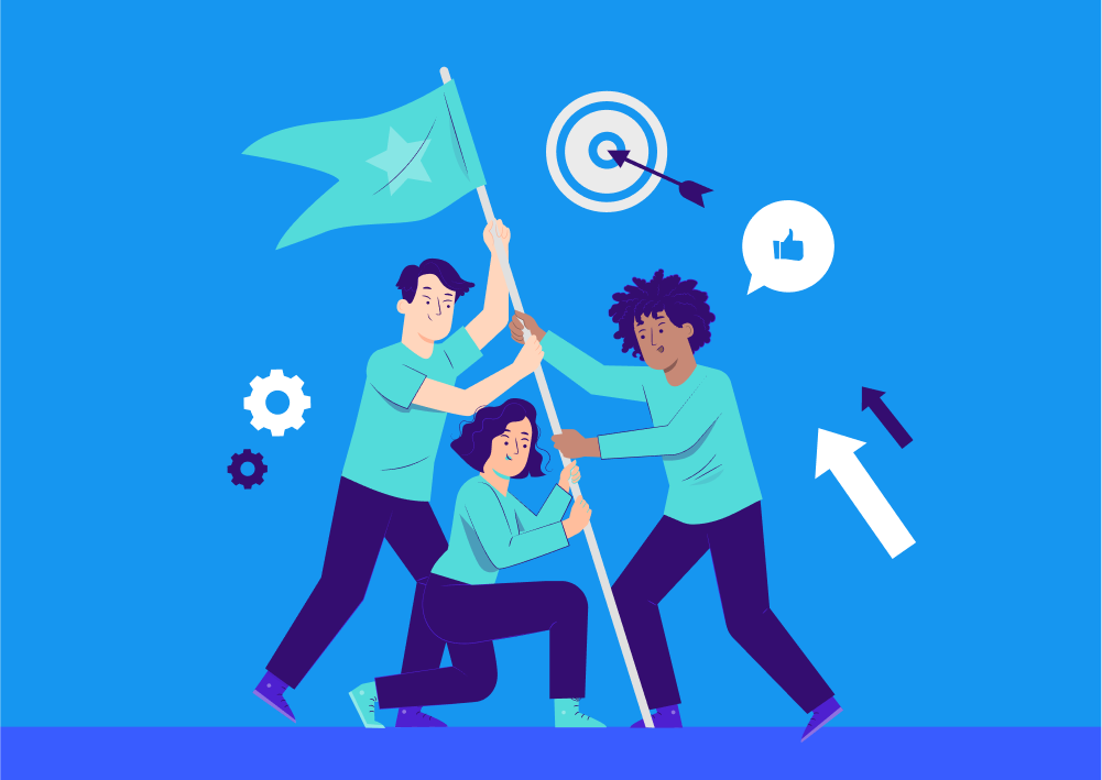 Illustration of three people holding up a flag (Thumbnail)