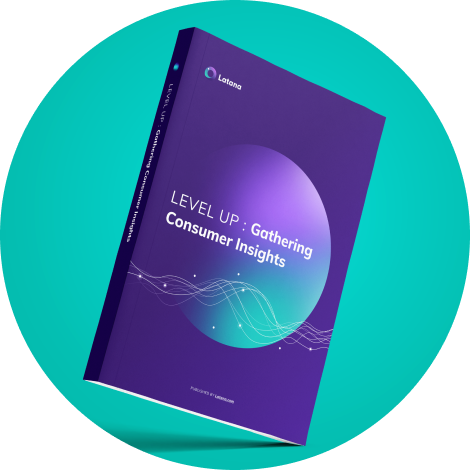 Round framed purple book with title of Level Up : Gathering Consumer Insights on a green background