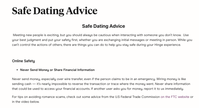 Hinge Safe Dating Advice Screenshot