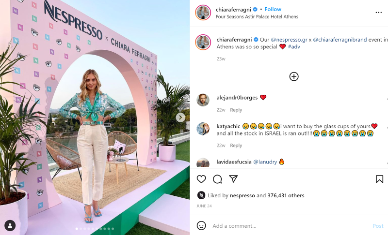 Instagram post showing Nespresso's influencer campaign with Chiara Ferragni