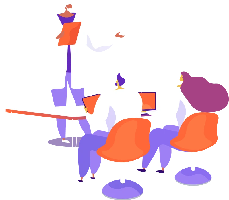Illustration showing three people, two sitting and one presenting  in a meeting room