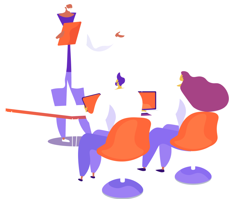 Illustration showing three people, two sitting and one presenting  in a meeting room