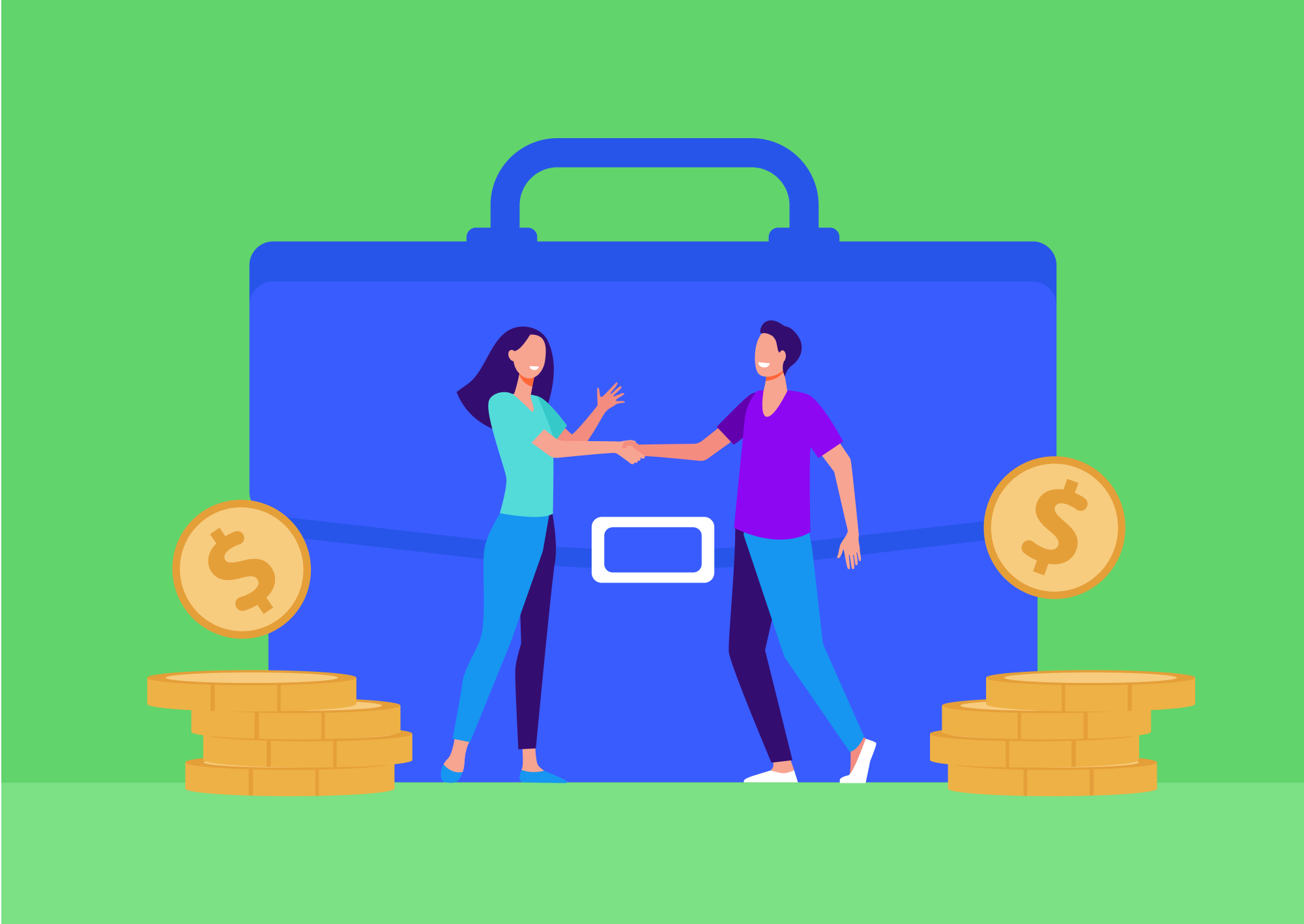 Illustration of two people shaking hands in front of a luge briefcase surrounded by coins (Thumbnail)