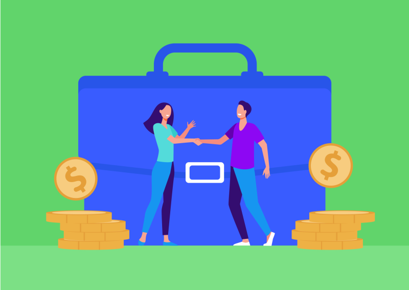 Illustration of two people shaking hands in front of a luge briefcase surrounded by coins (Thumbnail)