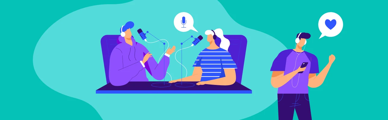 Podcast Sponsorship Cover Image with two people speaking into microphones