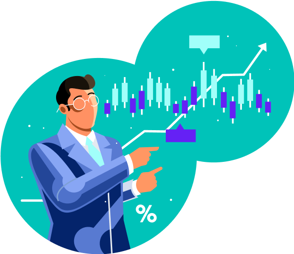 Illustration with a man and bar charts
