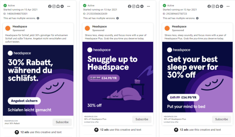 Images of Headspace Facebook campaigns