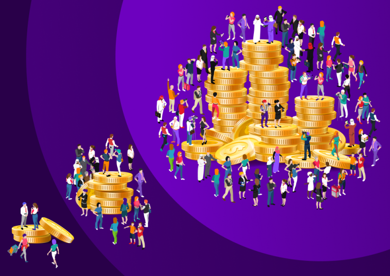 What is Market Size. Image of giant coins and crowds representing varying market sizes.