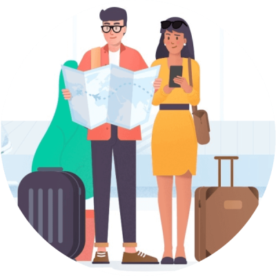 Man and Woman standing with luggages map and a phone