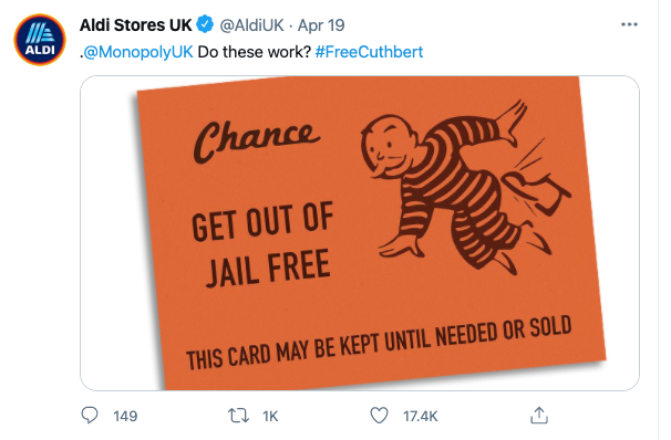 Aldi Tweet with Monopoly Ticket about Cuthbert the Caterpillar Cake